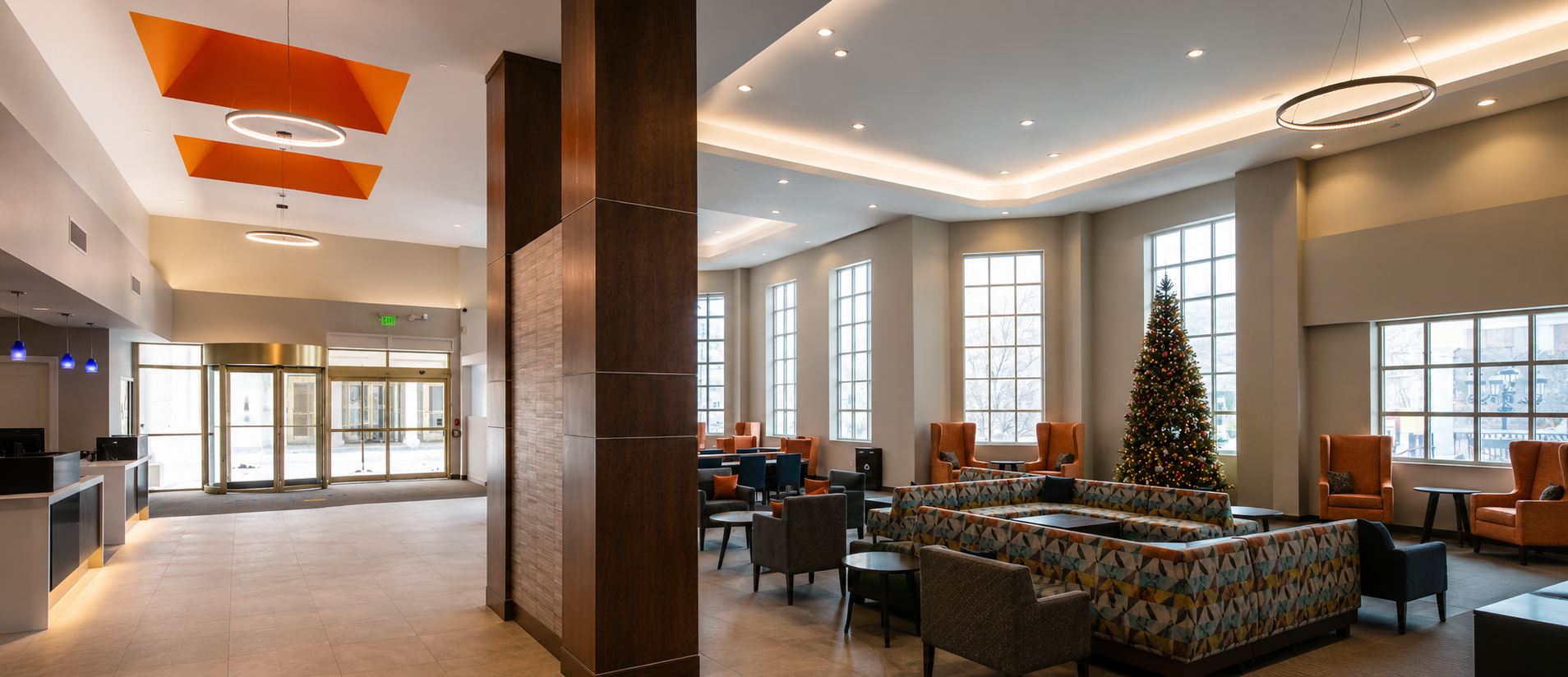 Lobby and reception area at Collegian Hotel & Suites Syracuse NY