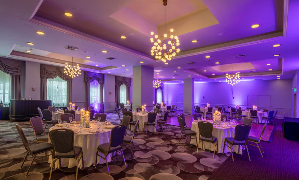 Elegant wedding reception set up in the Genesee Grande Ballroom at Collegian Hotel & Suites, Syracuse NY